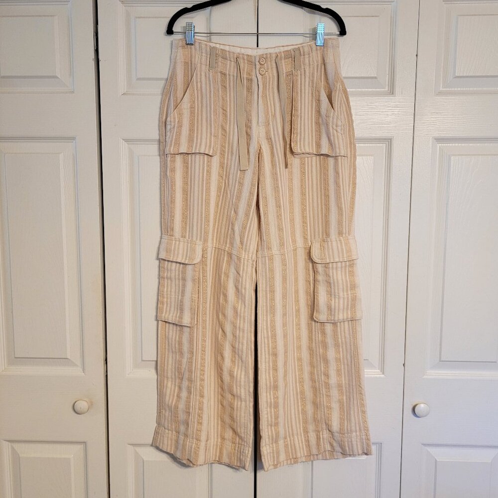 Linen-Blend Wide Leg Cargo Pants in Beige Stripe - Picture 2 of 8